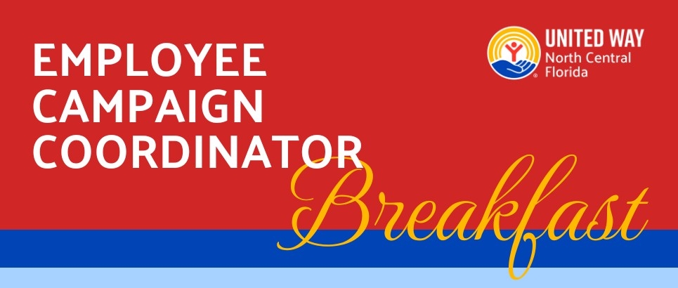 Red and blue striped background with text overlay of Employee Campaign Coordinator Breakfast