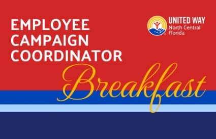 Red and blue striped background with text overlay of Employee Campaign Coordinator Breakfast