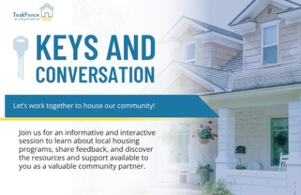 A two story brick house is faded into the background with a text overlay for Keys and Conversation: Let's work together to house our community. An event targeting landlords to learn about local housing programs, share, feedback, and discover resources and support.