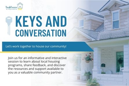 A two story brick house is faded into the background with a text overlay for Keys and Conversation: Let's work together to house our community. An event targeting landlords to learn about local housing programs, share, feedback, and discover resources and support.
